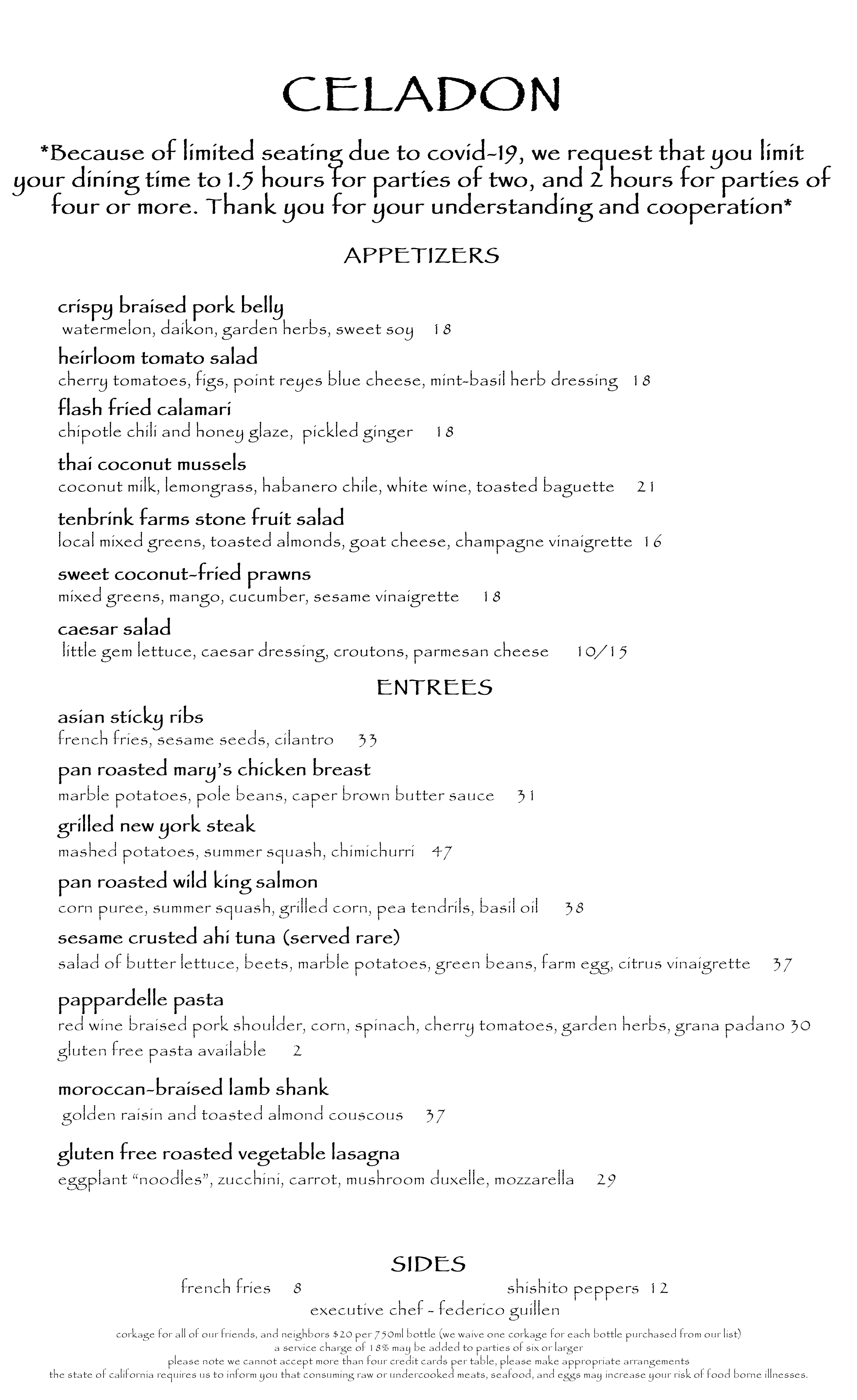 Celadon Napa Menu Celadon